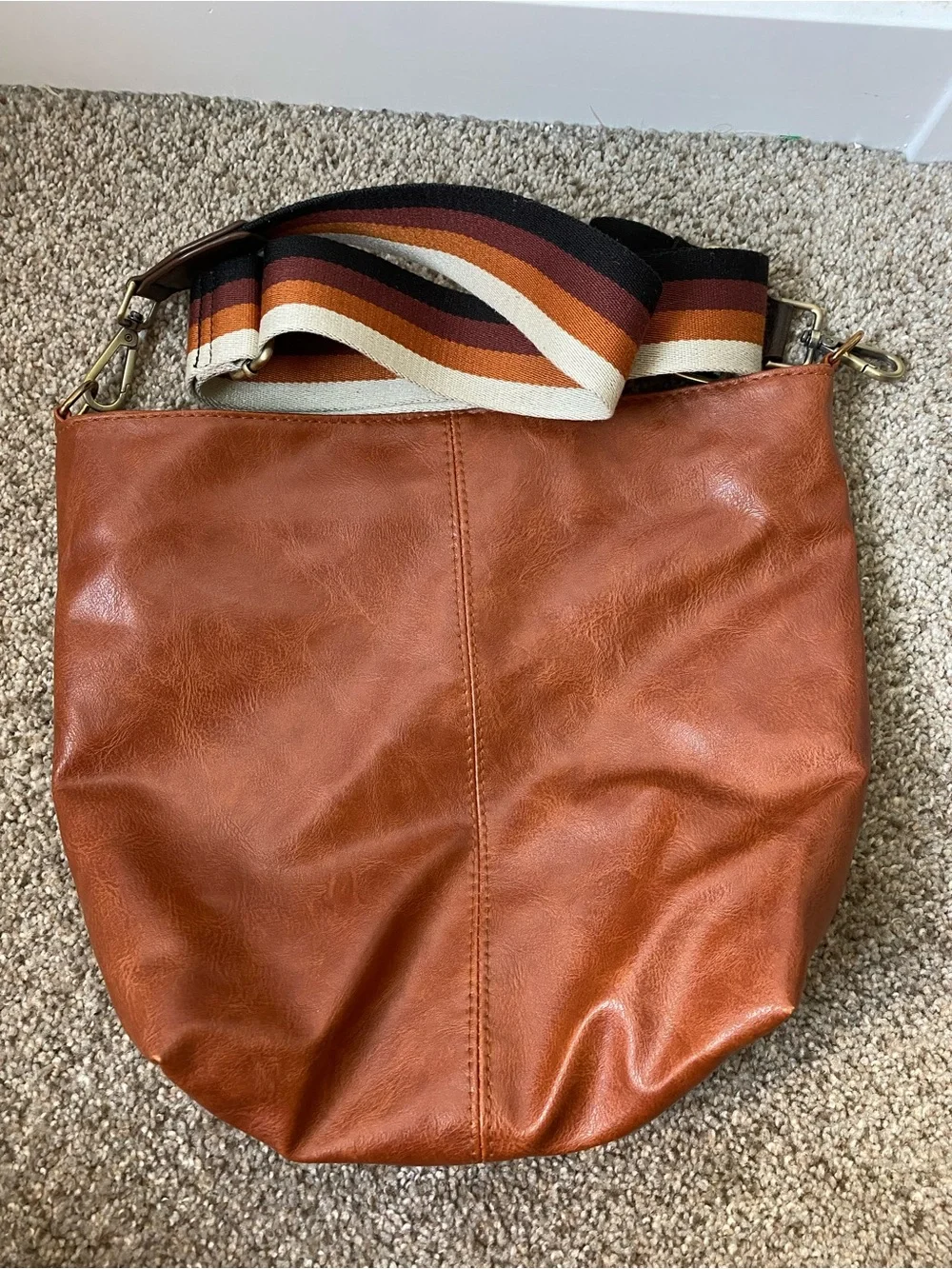 Women's Tan Leather-Effect Crossbody Bag with Striped Strap
